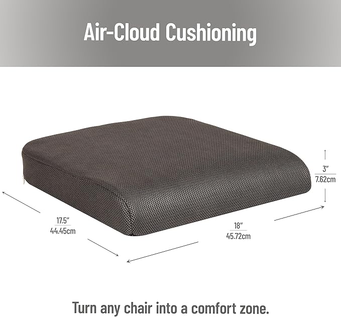 Mind Reader Air-Cloud Seat Cushion, Ergonomic Support for Posture, Pressure Relief, and Pain Reduction, Portable with Washable Cover, Memory Foam, Gray