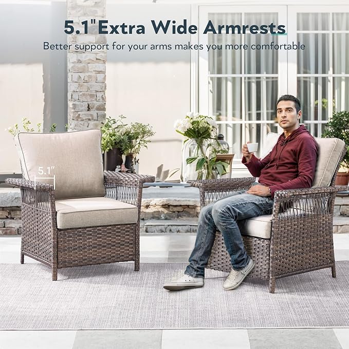 5 Pieces Wicker Patio Furniture Set - Hollow Widen Armrests Outdoor Rattan Chairs, 3 Seat Sofa with Coffee Table & Side Table, Small Patio Convention Set for Deck and Backyard - Brown/Beige