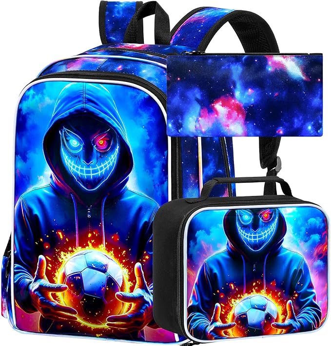 KLFVB 3PCS Boys Bookbag, 17" Kids Football Backpack and Lunch Box, Water Resistant School Backpack for Teenagers Middle Elementary - Demon Soccer
