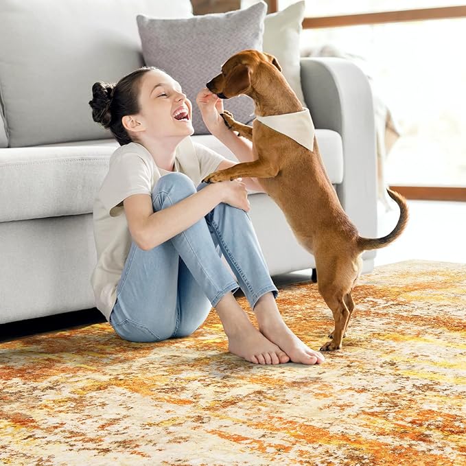 Washable Area Rugs for Living Room - 5x7 Abstract Modern Rug Neutral Soft Rug Stain Resistant Non-Shedding No Slip Low Pile Large Carpet for Bedroom Dining Room Nursery Home Office - Orange/Gold