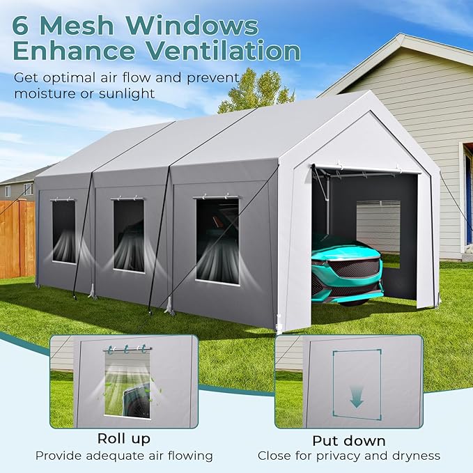 Carport 10x20 ft Heavy Duty, Car Port with Reinforced Steel Frame and 6 Roll-up Windows, Portable Garage with Sturdy Ground Nails, Waterproof All-Season Car Canopy for Boat, Truck, Grey