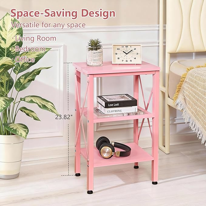 VECELO End Table, Bedside Table, 24" Tall Living Room End Tables, X-Design Reinforced Nightstands, Side Table with 3-Tier Storage Shelves for Small Spaces, Office, Bathroom, Bedroom, Pink