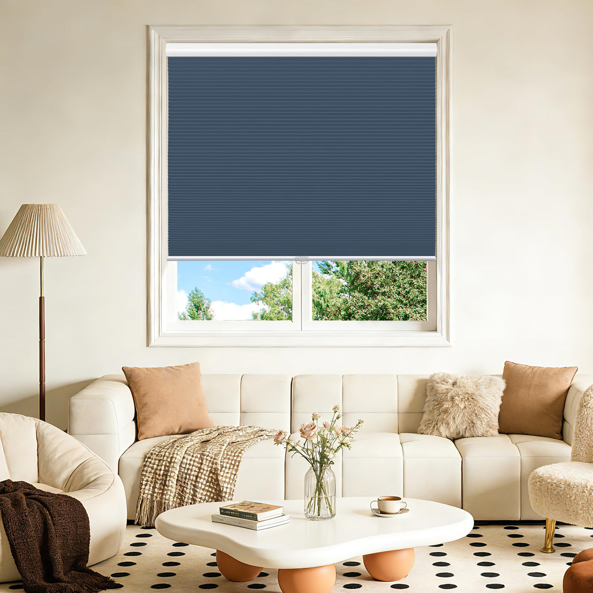 Grandekor Blackout Window Blinds and Shdes Cordless Cellular Shades, Ocean Blue-White, 34x64 inch
