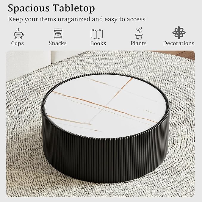 Black Round Coffee Table with Sintered Stone Tabletop, 29.52" Drum Coffee Table with Fluted PU Leather Covered and Stable Base, Circle Cocktail Tea Table for Living Room