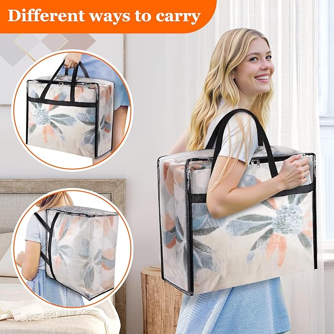 TasticTotes 8 Pack Clear Storage Bags for Comforter, Clothes & Bedding, Plastic Blanket Storage with Zipper and Handle, Moving Bags, Closet Organizer and Under-Bed Storage (60L)