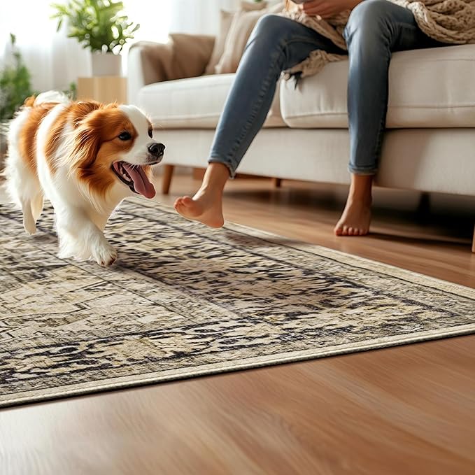 Gray Brown 5x7 Area Rugs for Living Room Washable Low Pile Soft Faux Fur Vintage Boho Carpet Rug Non Slip Sound Absorbing Geometric Floral Rug for Bedroom Office Patio Dining Room Kids Room,Hazel