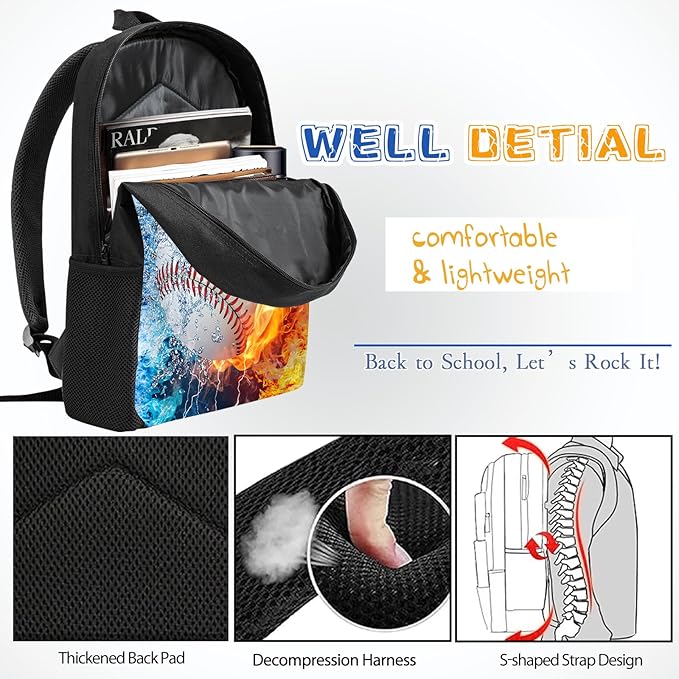 3PCS Baseball Backpack Set for Boys, Lightweight Large Backpack with Lunch Box & Pencil Case, Cool Sport Bookbag for Kids, Back to School Backpacks for Elementary & Middle School - 02