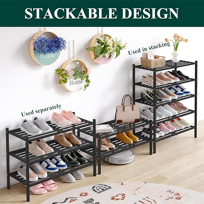 Smiry Bamboo Shoe Rack 3-Tier, Stackable Wooden Shoe Organizer for Entryway & Closet, Free Standing Wood Shoe Storage Shelf for Front Door & Small Spaces, Black