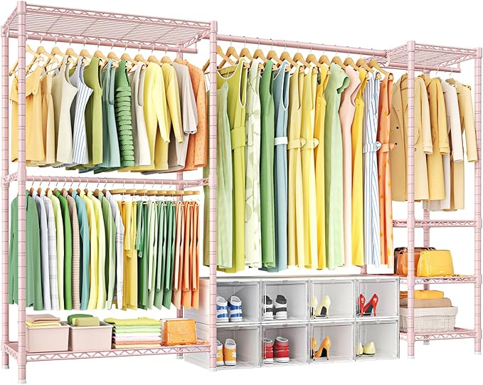 Ulif E10 Clothes Rack（With Stretchable Hanger Rod）Freestanding Clothing Racks for Hanging Clothes，Adjustable Closet Organizer System，Portable Garment Rack 73-97"W x 15" D x 72" H，Max Load 800LBS，Pink