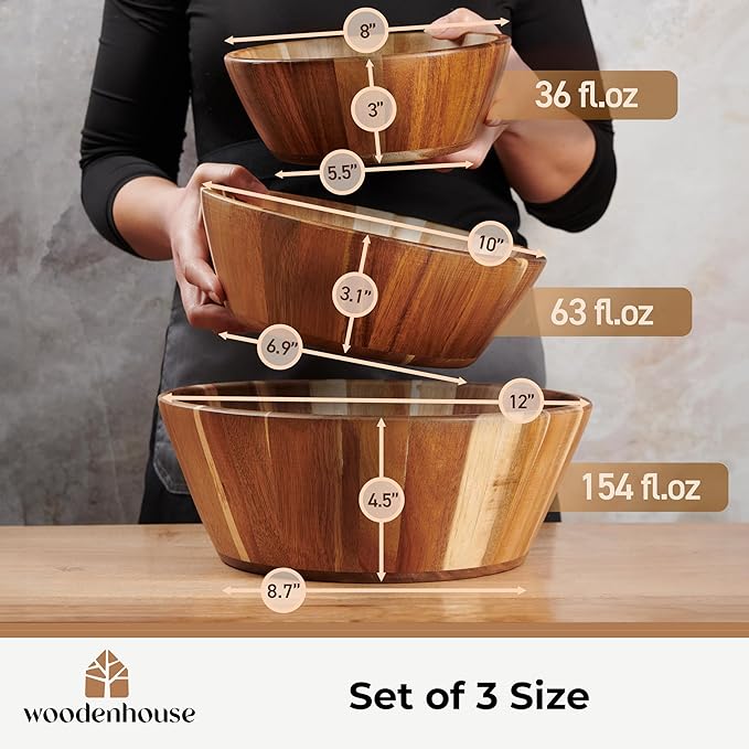 Woodenhouse Wooden Bowls, Wooden Salad Bowl Set of 3 - Round Design Large Salad Bowl Set for Serving, Handmade, Durable and Stylish Natural Wood Dining Accessory