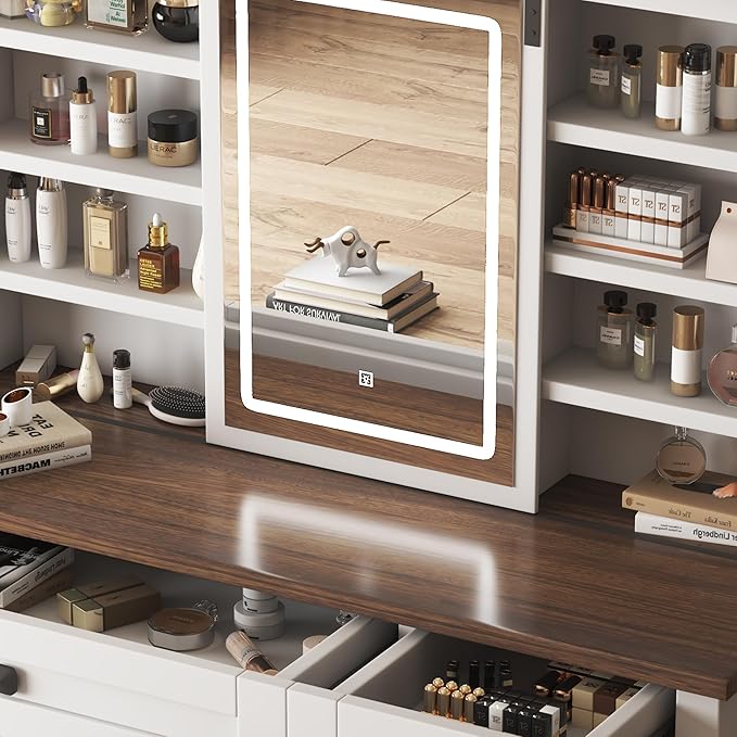 Makeup Vanity Desk with Sliding Mirror and Lights, Dressing Table Set with Hairdryer Holder, Storage Shelves and Drawers, Large Vanity with Stool (Includes Upholstery &Storage Space) for Bedroom