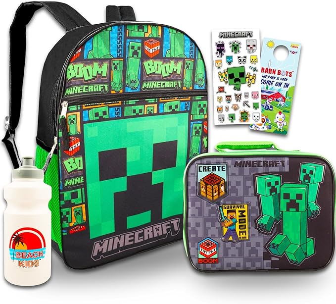 Minecraft Backpack with Lunch Bag Set - Bundle with 16” Backpack, Lunch Box, Water Bottle, Stickers, More | Minecraft School Bag for Boys