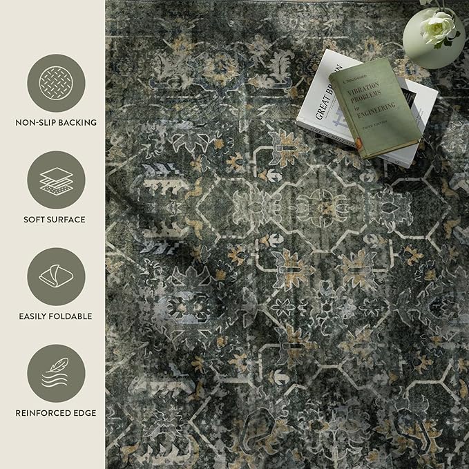 Lahome Boho Green 8x10 Area Rugs Living Room Rugs,Washable Bedroom Rug 8x10 Under Bed,Distressed Soft Non Slip Low Pile Indoor Dining Room Rug for Home Office Playroom(8'x10',Green)
