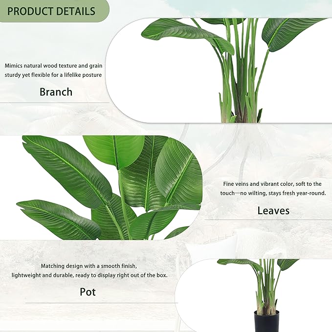 2 Pack Birds of Paradise Plant Artificial, 4FT Fake Plants Faux Banana Leaf Tree with 9 Banana Leaves, Lifelike Tall Fake Tropical Indoor Silk Floor Plant in Black Pot for House,Office,Room,Home Decor