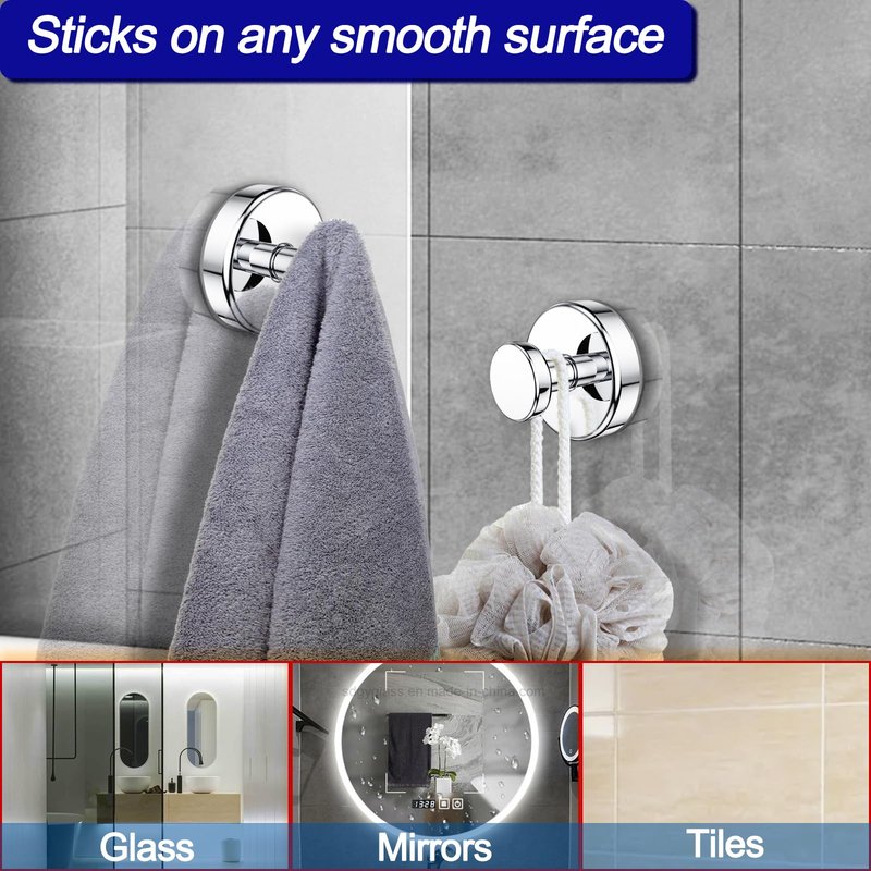Bntuk Suction Cup Hooks for Shower, Removable Towel Hooks for Bathroom Window Glass Door Wall, Bath Robe Looafh Hook for Hanging - 2 Pack, Chrome