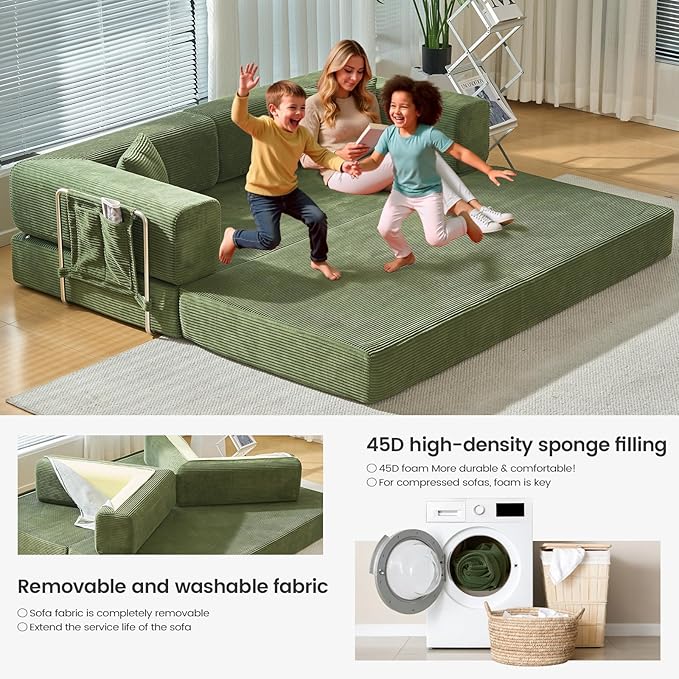 Folding Sofa Bed Convertable Corduroy Couch King Size Floor Sleeper 4-in-1 DIY Combination sofabed Fold Out Futon Lounge Comfy Foldable couches cama for Living Room (Green, 80.15")
