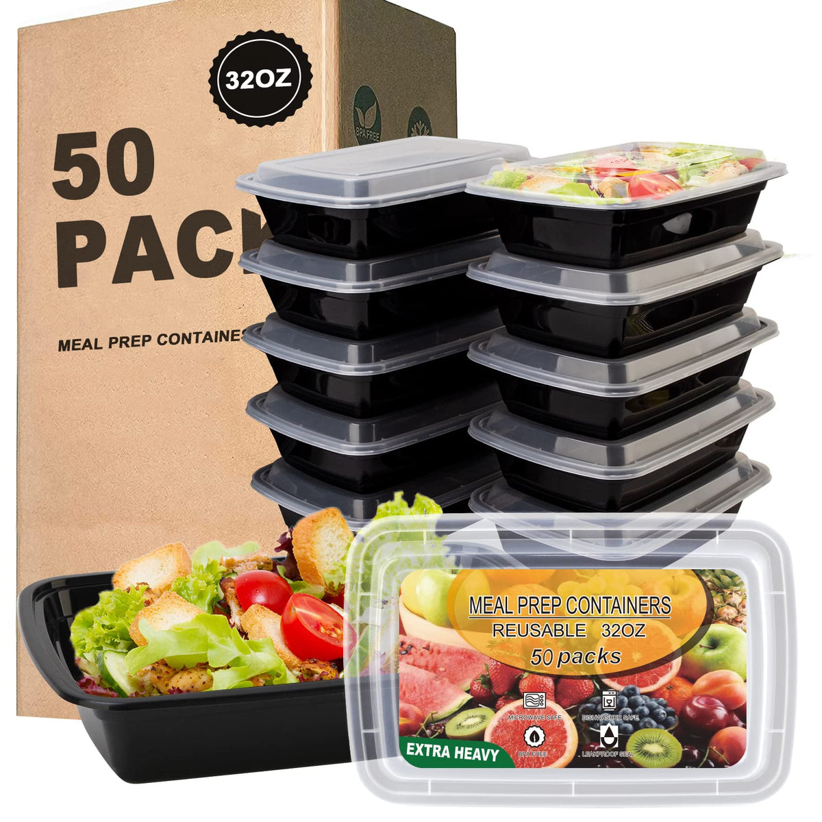 Ezalia 50 Pack- Meal Prep Containers 38oz, Plastic Food Prep Containers Reusable, Leakproof To Go Food Containers with Lids, BPA-Free, Microwave/Dishwasher/Freezer Safe