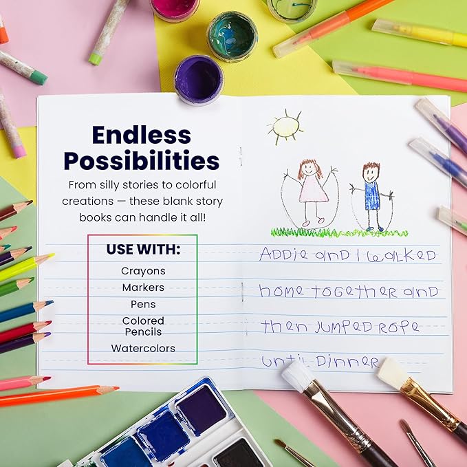 Hygloss Half Blank Books for Kids to Write Stories and Illustrate – Bulk 100 Pack – 5.5" x 8.5" A5 – Small Primary Journal for Grades K-2, Preschool/Kindergarten Notebook with Picture Space – 24 Pages