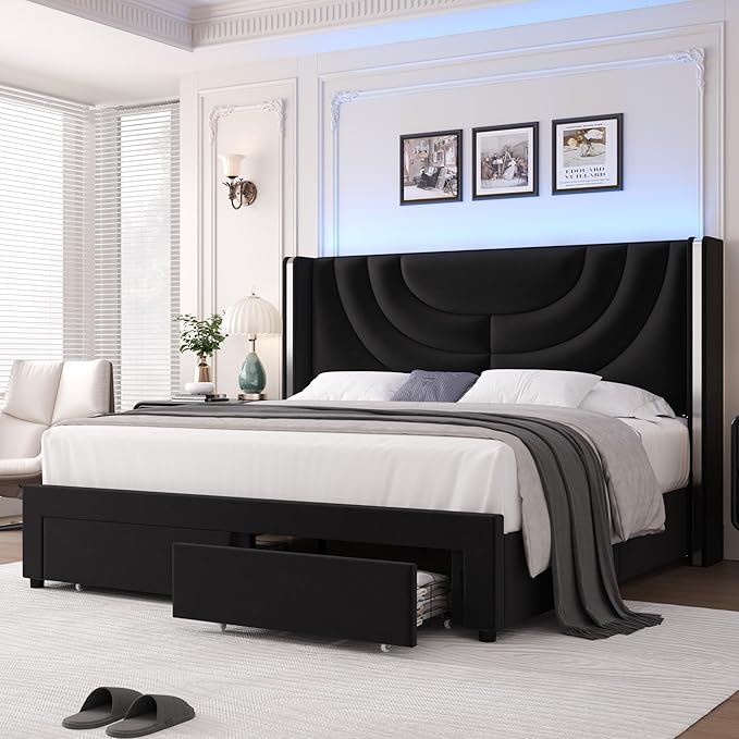 HITHOS Queen Upholstered LED Bed Frame with 2 Storage Drawers, Velvet Platform Bed with Wingback Headboard, Solid Wooden Slats Support, No Box Spring Needed, Headboard Splicing Design, Black