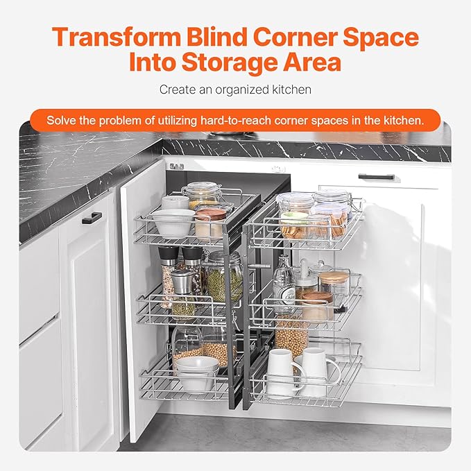 VEVOR 3 Tier 6 Shelf Chrome Carbon Steel Kitchen Cabinet Organizer, Slide Out Storage, Space Saving, Silver, For 15" Width, Food, Jars, Cans, Cookware, Pans, Mugs