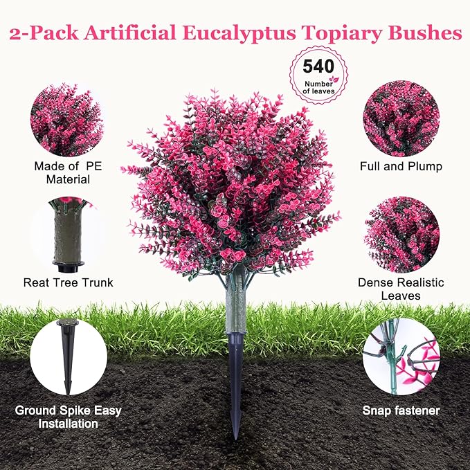 Artificial Pink Eucalyptus Topiary Ball, Set of 2-20" Artificial Shrub Bushes with Ground Spike, Artificial Plants for Outdoor Planters Indoor UV Resis