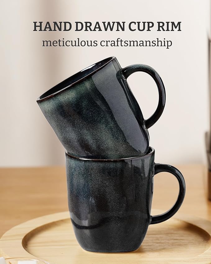 famiware Coffee Mugs Set of 6, Ocean Square 13oz Coffee Cup Set with Handle for Cocoa, Milk, Hot Chocolate, Tea, Water, Stoneware Cups for Kitchen, Microwave and Dishwasher Safe, Deep Forest