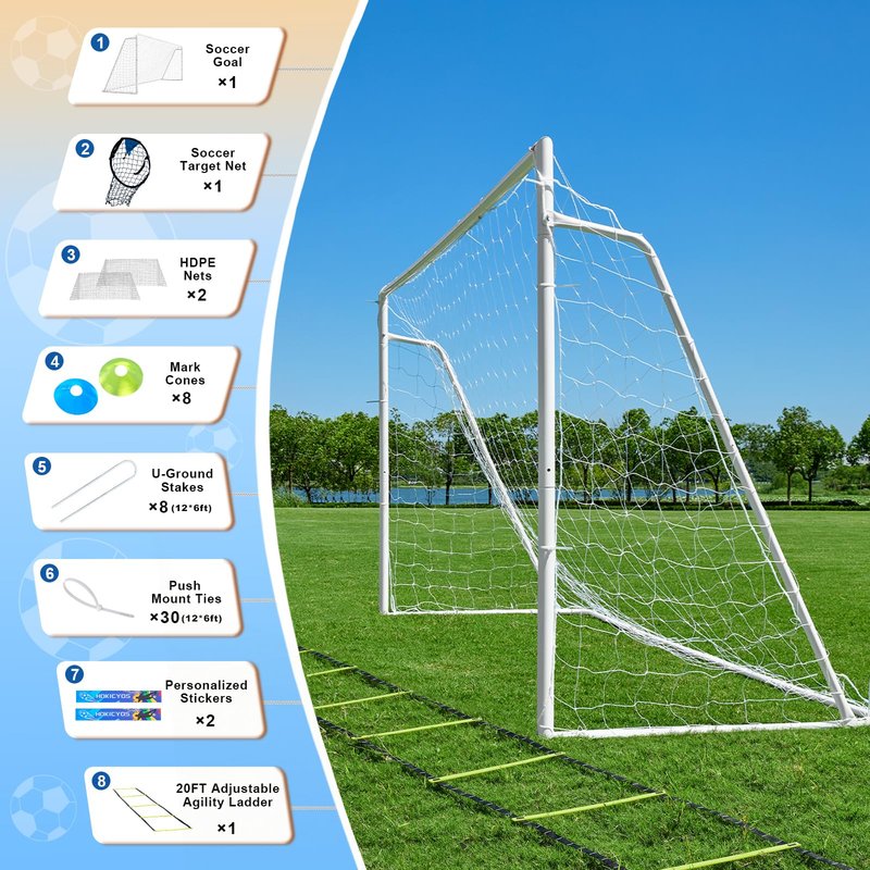 Soccer Goals for Backyard Soccer Goal 12x6 Big 10x6.5 8x6 6x4FT Soccer Goals for Youth Adults and Kids Large Metal 2" Goal Post with Agility Ladder and Target Net Soccer Cones Practice Equipment