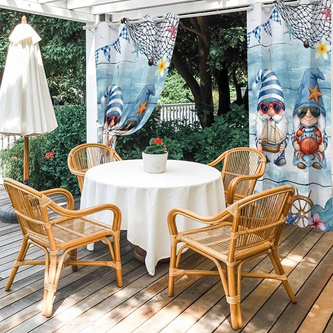 Ocean Gnome Outdoor Curtains for Patio Summer Marine Plumeria Shell Wood Blue