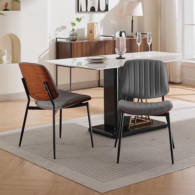 Dining Chairs Set of 2, Mid-Century Modern Upholstered PU Leather Chairs with Walnut Bentwood Back and Metal Legs Adjustable Feet for Kitchen Dining Living Room, Gray Vertical Stripes