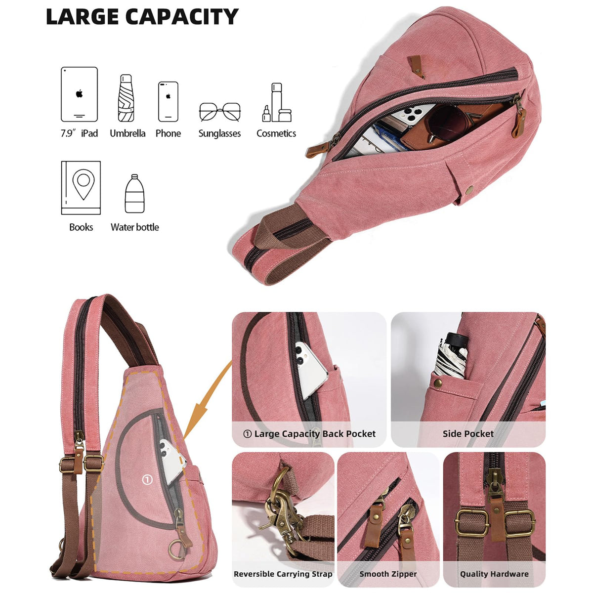 KL928 Canvas Sling Bag - Small Crossbody Backpack Shoulder Casual Daypack Rucksack for Men Women(Large Version, Rust Red)