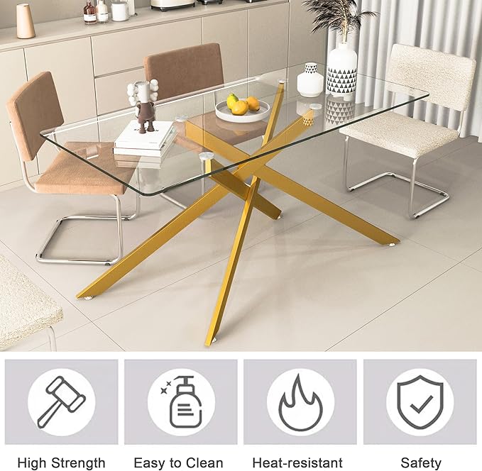 60" Rectangular Glass Dining Table Modern Kitchen Glass Top Table for 6 with Gold Metal Legs, Clear Dining Table Kitchen Table for Home Office Dining Room