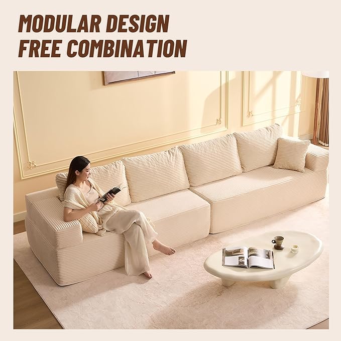 Chaise Lounge Chair, Sleeper Couches, Boneless Couch for Living Room and Bedroom, Corduroy, White