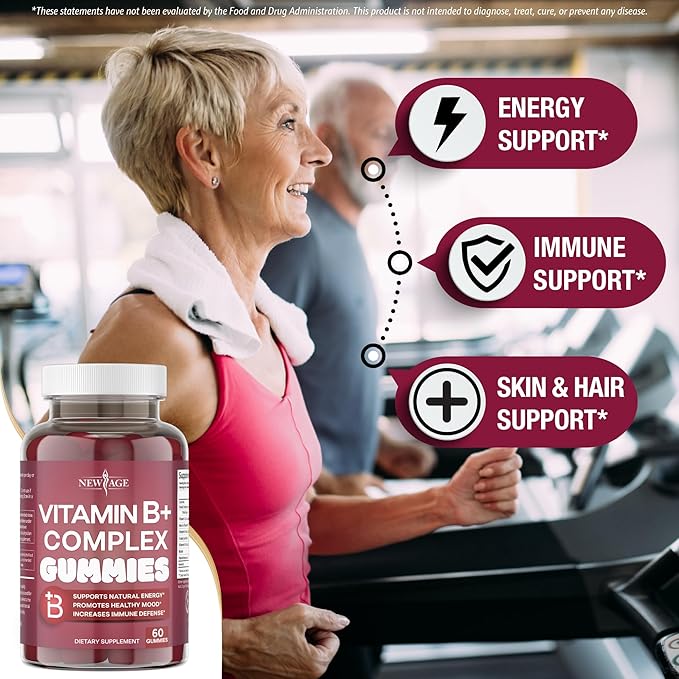 NEW AGE Vitamin B Complex Gummies with Vitamin B3, B5, B6, B7, B9 & B12 – with Biotin, Folic Acid & Vitamin C – Gluten-Free, Vegan, Made in The USA! (60 Count (Pack of 1))