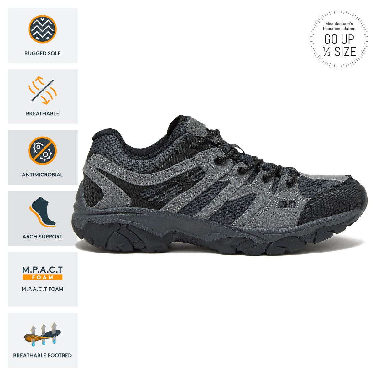 HI-TEC Ridge Low Hiking Shoes for Men, Lightweight Breathable Outdoor Trekking and Trail Sneakers - Castle Rock/Black, 11 Medium