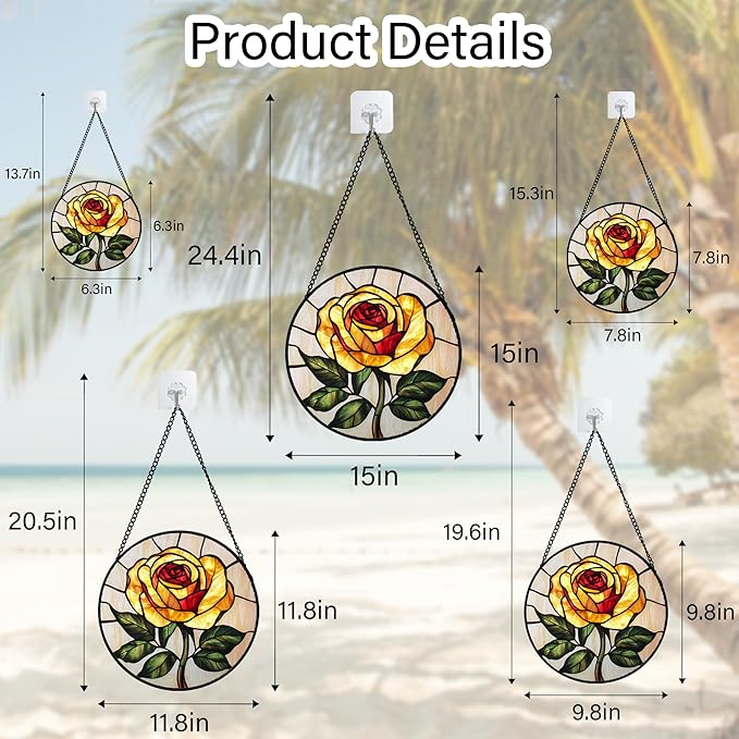 Stained Glass Window Hanging - Elegant Yellow Rose Flower Sun Catcher for Door Garden Home Decor Suncatcher Christmas Mother's Day Birthday Gifts for Women Mom Girl Nana Friend 9.8 in