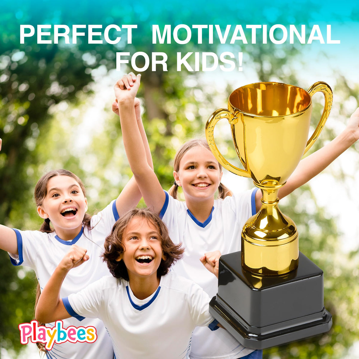 Playbees Fun Gold Plastic Trophies - 3 Pack - 7 Inch - Award Trophy Cup Set for Superstar Kids - Champion Celebrations, Sports Galore, and Victory Vibes - Desktop Toy