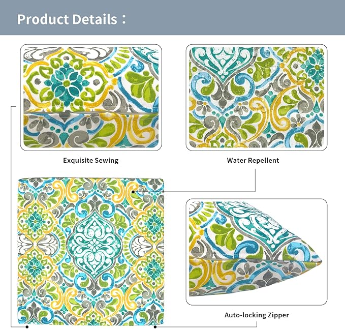 Outdoor Throw Pillow Covers 16x16 Inch, Square Patio Pillow Cases Pack of 2, Modern Decorative Back Cushion Covers for Patio Furniture Garden Couch Farmhouse,Damask Green