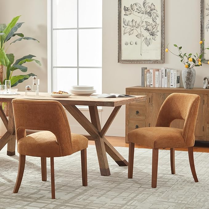 VKNOW Wooden Dining Chairs Set of 6, Modern Fabric Upholstered Dining Room Chair Kitchen Chairs, Farmhouse Dinner Chair for Kitchen Dining Room, Orange