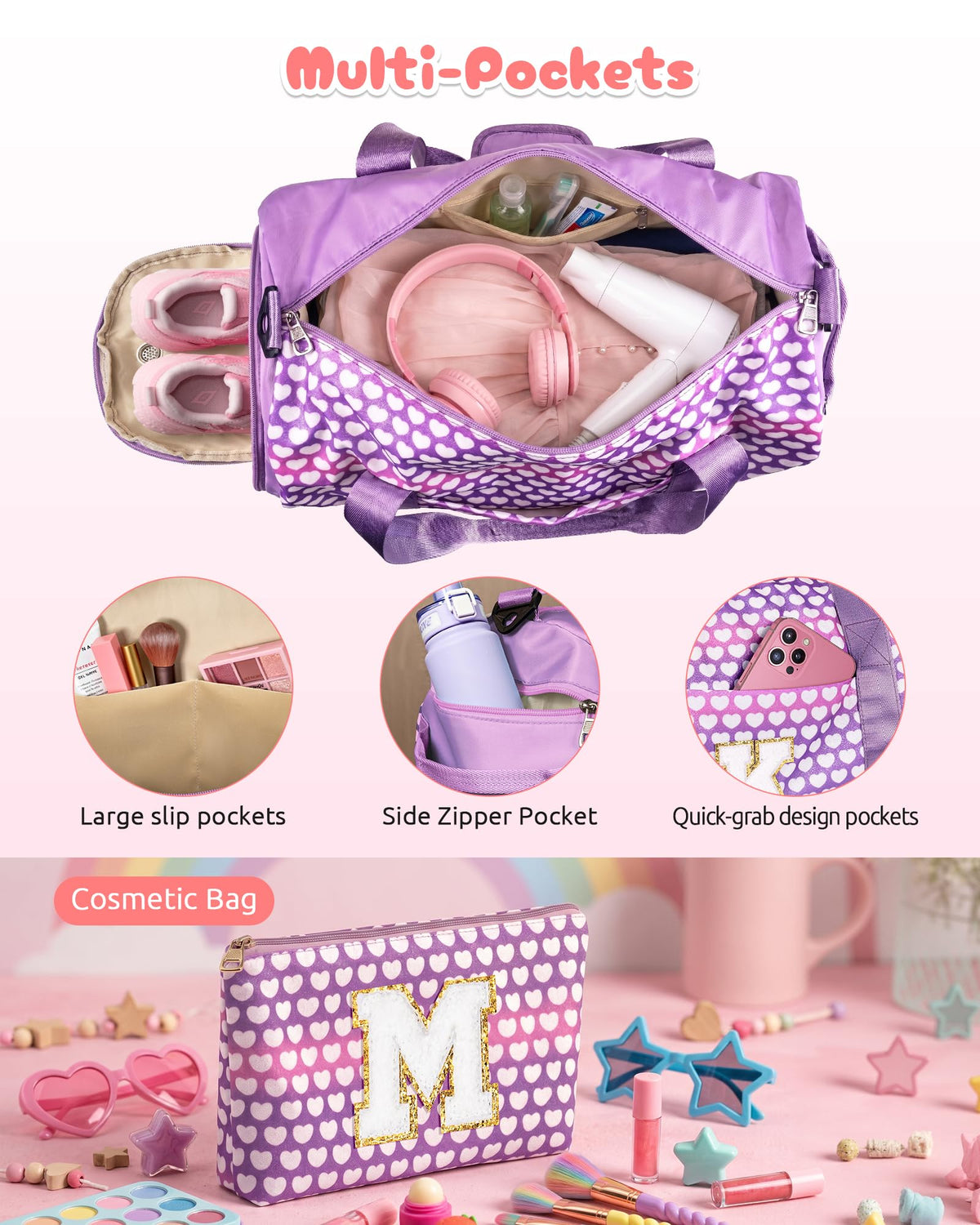 Vogewood Teenager Girl Gift Ideas-Girls Travel Duffle Bag with Makeup Pouch, Initial Kids Overnight Weekend Bag with Shoe Compartment, Preppy Customized Stuff (Letter L)