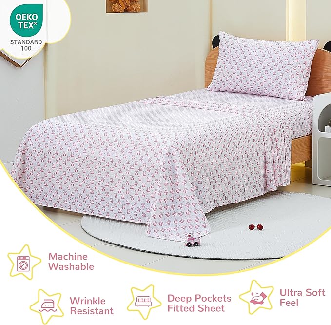 Viviland 4 Pieces Girls Pink Full Sheet Set - Soft Microfiber Fitted Flat Sheets & Pillowcase - Pink Cherry Bow Print Bedding Sets - for Kids & Toddlers