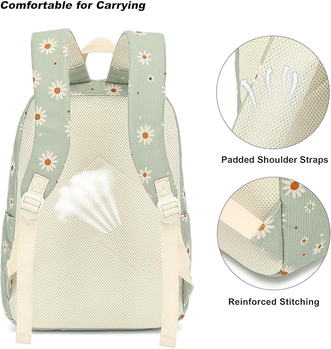 Corduroy Girls Backpack Set, 3PCS School Backpacks for Kids Elementary Middle School Bags with Lunch Box Pencil Case (Green Corduroy Daisy)