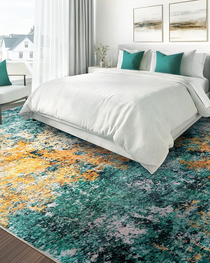 Washable Area Rug for Living Room: 5x7 Modern Abstract Neutral Soft Rug for Bedroom Dining Room No Slip Low Pile Carpet for Nursery Home Office - Teal/Orange