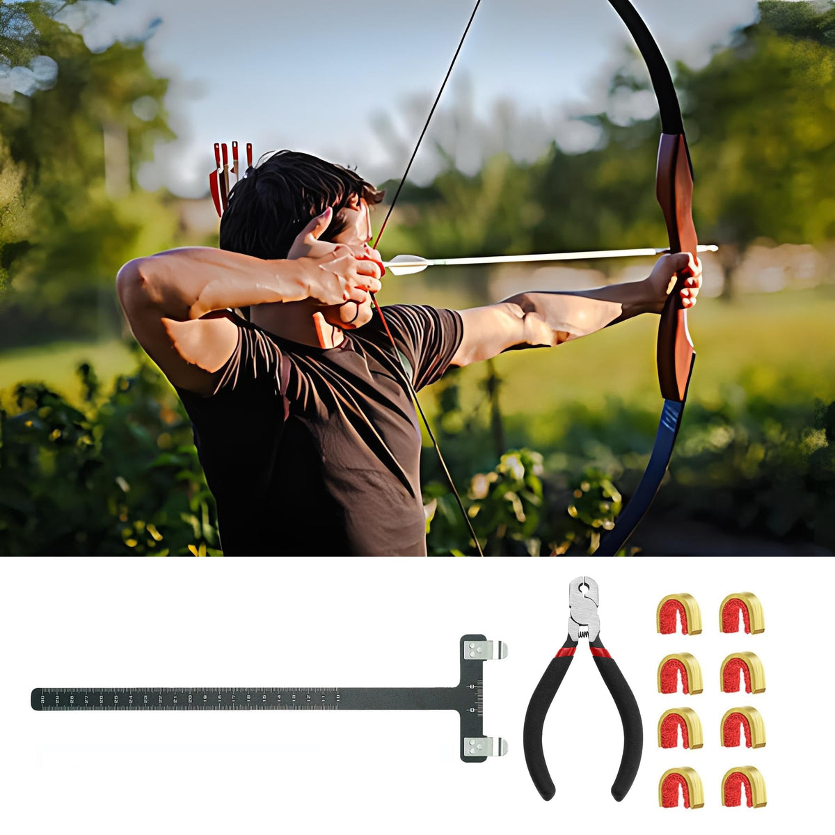 AHOSOUTLY Archery Bow String Nocking Points Set with T Square Ruler Nocking Buckle Pliers and 8pcs Nocking Buckle Set,for Recurve and Compound Bowstring Accessories…