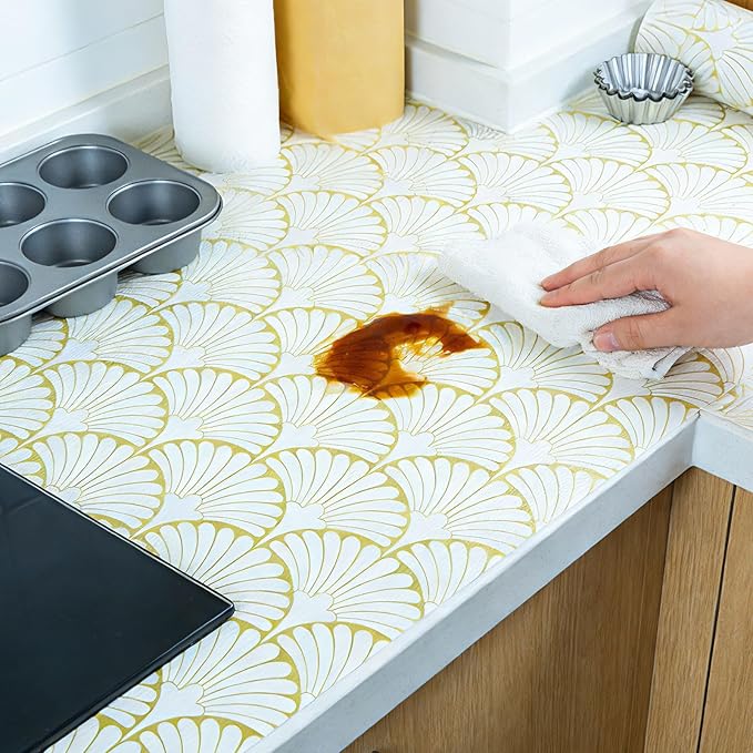 Shelf Liners Non Adhesive Gold Background White Fan-Shaped Pattern - Thickened Non-Slip Easy to Clean Drawer Liner for Kitchen Cabinets, Tool Box,Refrigerator,with Knife & Tape Measure,12in x 10FT