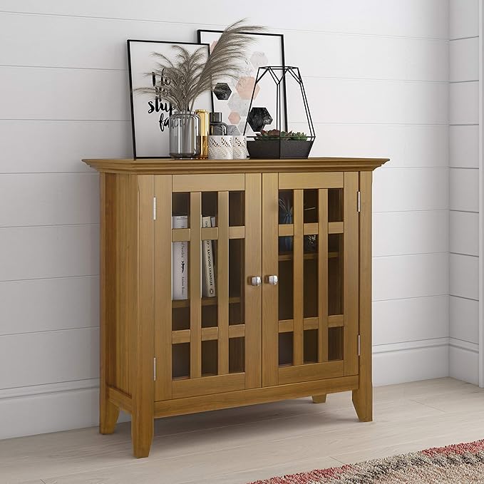 SIMPLIHOME Bedford Storage Cabinet - 32 inch Wide Solid Wood Low Media Cabinet in Light Golden Brown, Transitional Console for Living Room, Entryway, or Dining Room with Glass Doors and Shelves