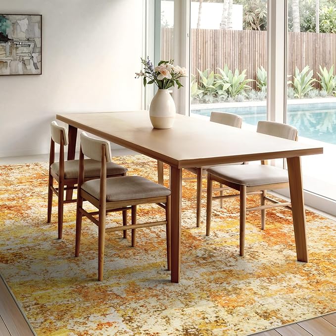 Washable Area Rugs for Living Room - 5x7 Abstract Modern Rug Neutral Soft Rug Stain Resistant Non-Shedding No Slip Low Pile Large Carpet for Bedroom Dining Room Nursery Home Office - Orange/Gold