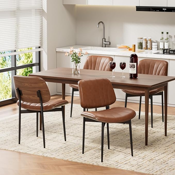 Dining Chairs Set of 4, Mid-Century Modern Upholstered PU Leather Chairs with Walnut Bentwood Back and Metal Legs Adjustable Feet for Kitchen Dining Room, Camel Shell Strips