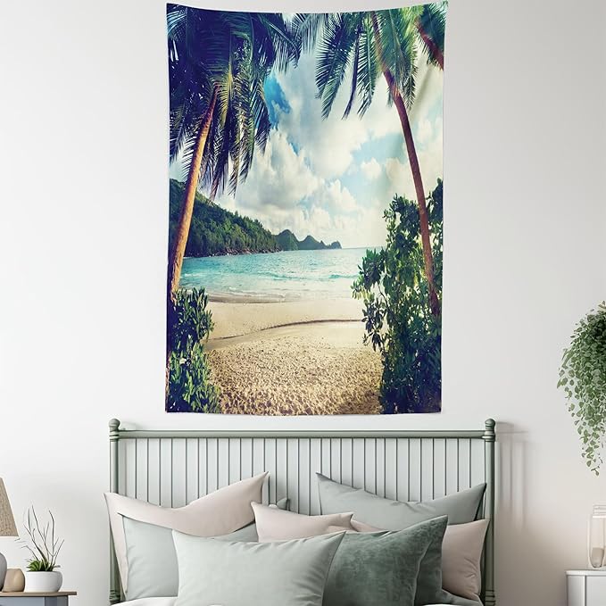 Ambesonne Palm Tree Tapestry Queen Size, Summer Beach Vintage Style Tropical Sunset Picture Print, Wall Hanging Bedspread Bed Cover Wall Decor, 88" X 88", Dark Green Sand Brown