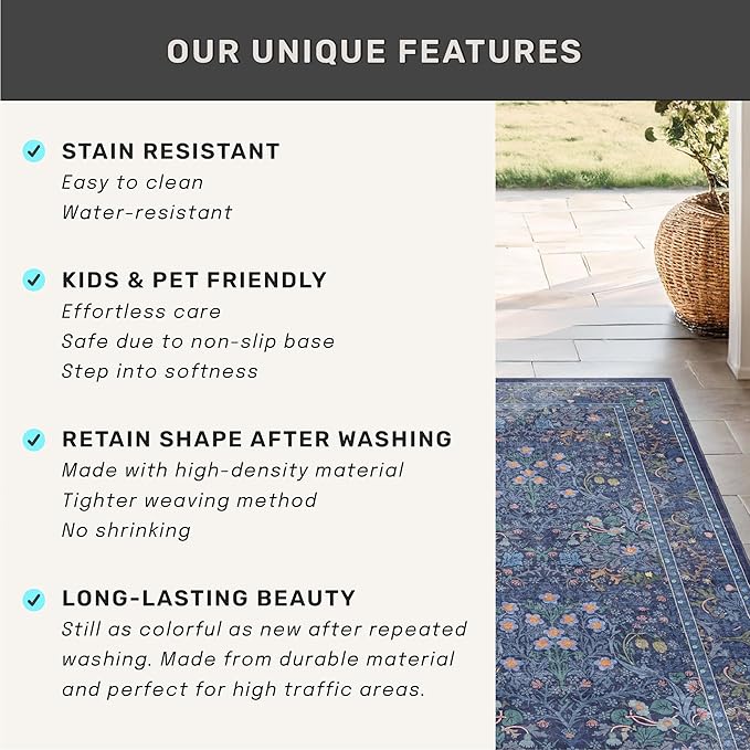 Dark Blue Living Room Rug 8x10, Vintage Floral Washable Area Rugs for Bedroom, Dining Room Under Kitchen Table, Oriental Low Pile Stain Resistant Non-Slip Large Navy Decor