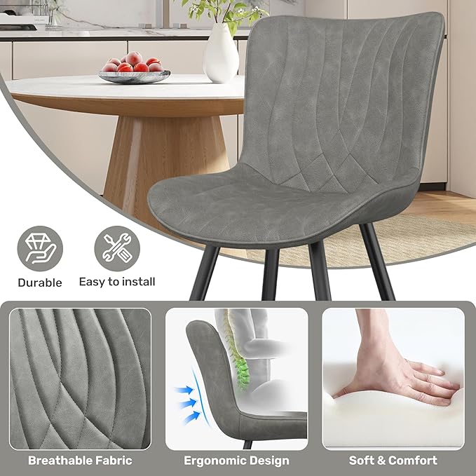 Dining Chair Set of 2 PU Leather Dining Room Chairs Upholstered Comfy Dining Chairs,Modern Kitchen Armless Side Chair with Sturdy Metal Legs,Grey